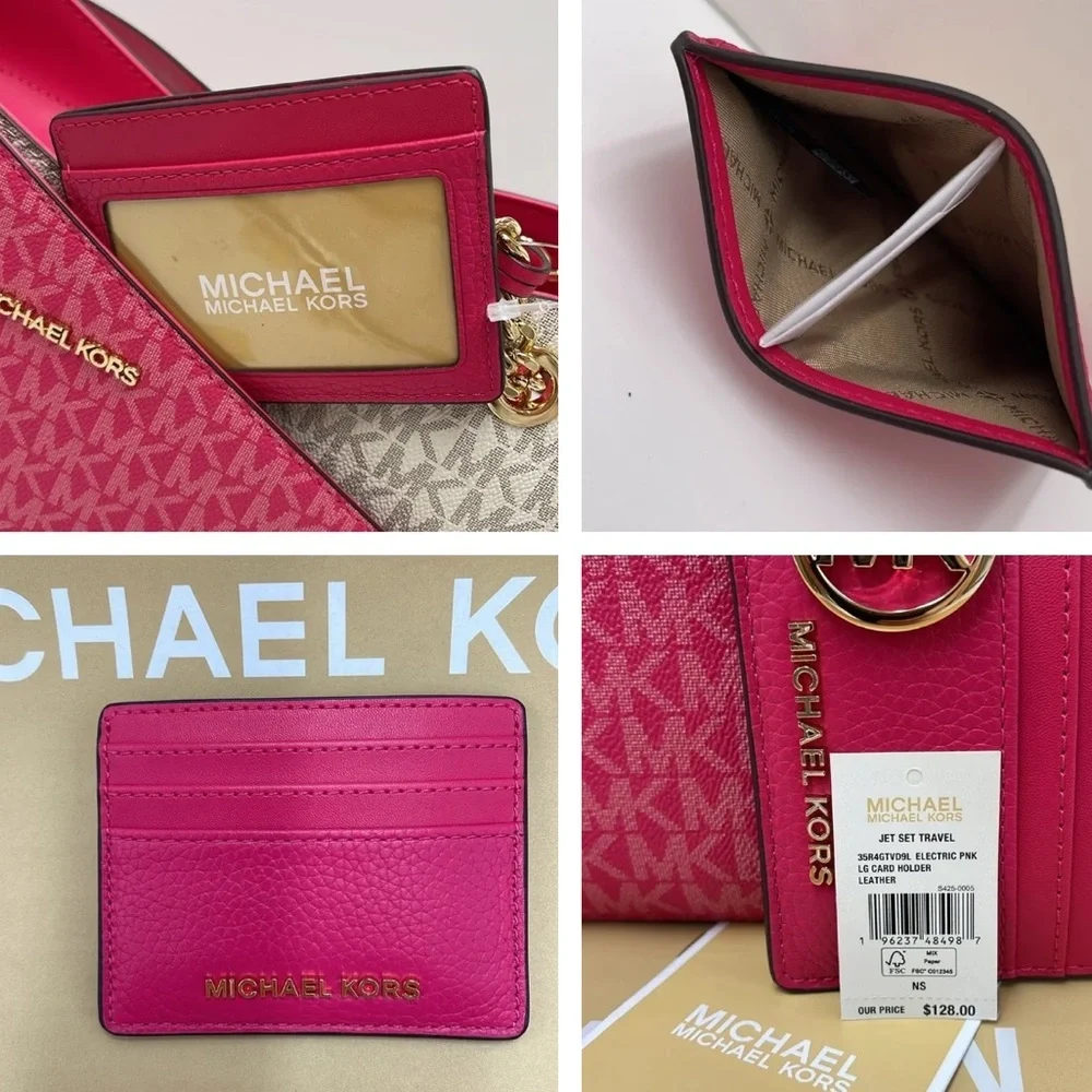 MICHAEL KORS Large Pebbled Leather Card Holder Case Electric Pink  NWT